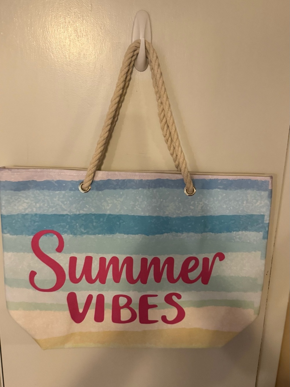 Summer Vibes Beach Tote Bag - Pink Text on Pastel Stripes
